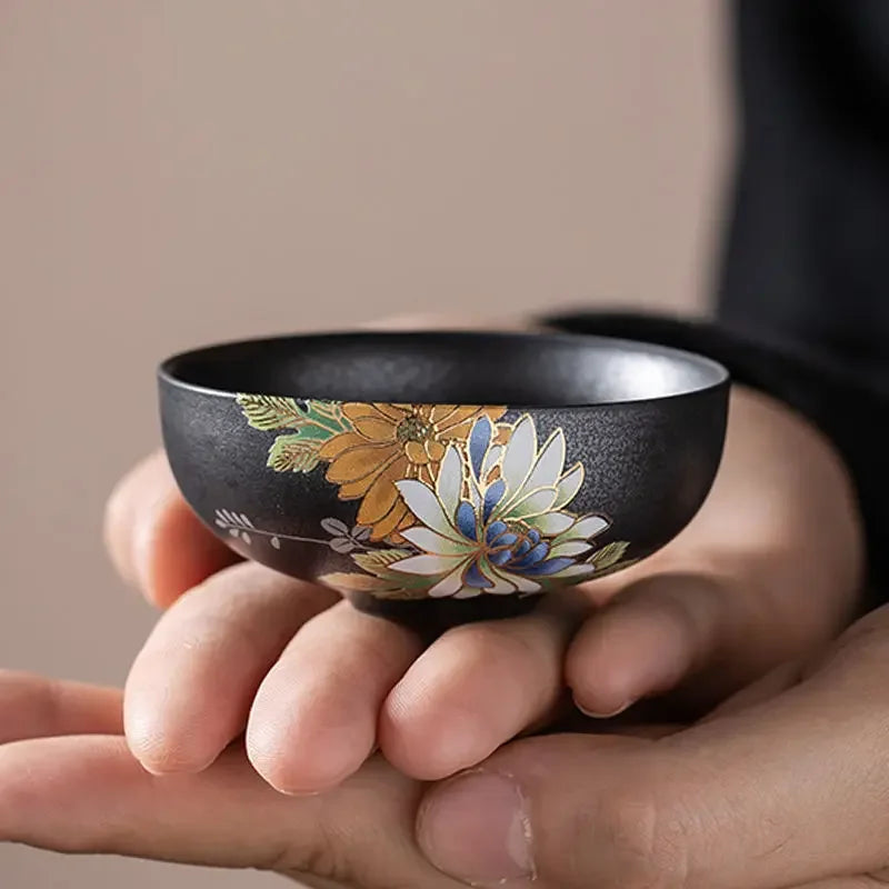Black Tea Cup with Silver Relief