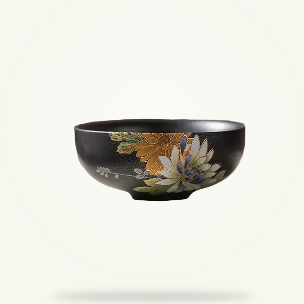Black Tea Cup with Silver Relief, product photo on a plain background