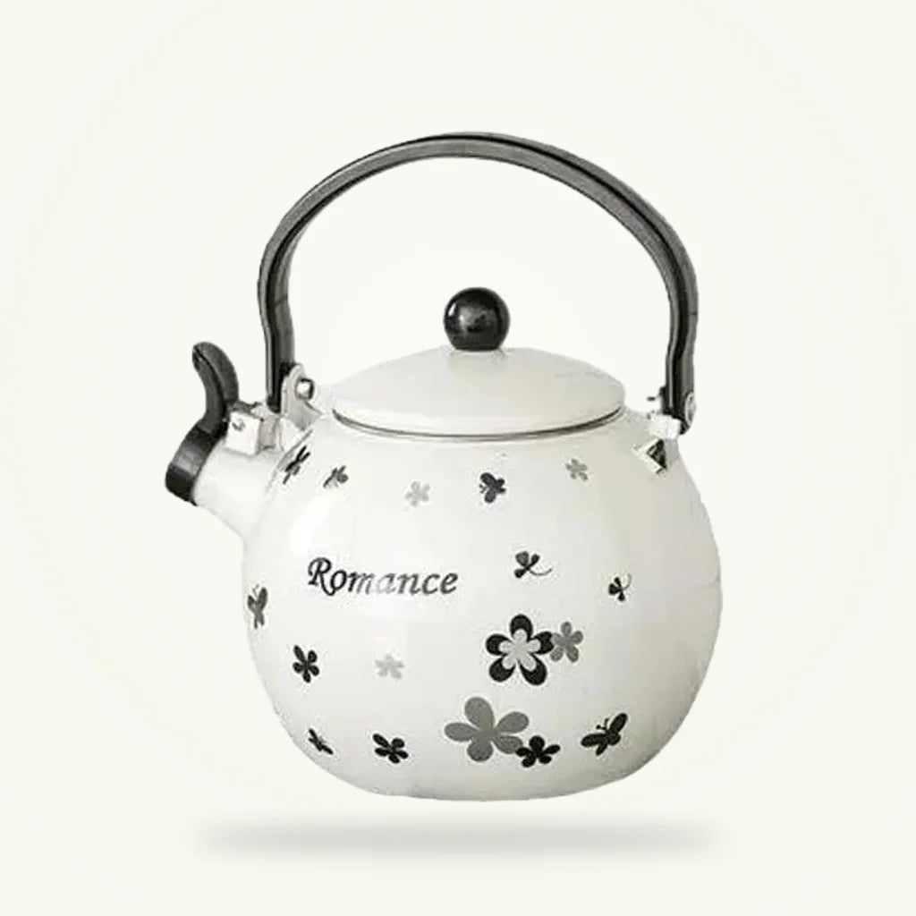 Black & White Butterfly Porcelain Whistling Teapot - 70 oz, product photo on a plain background