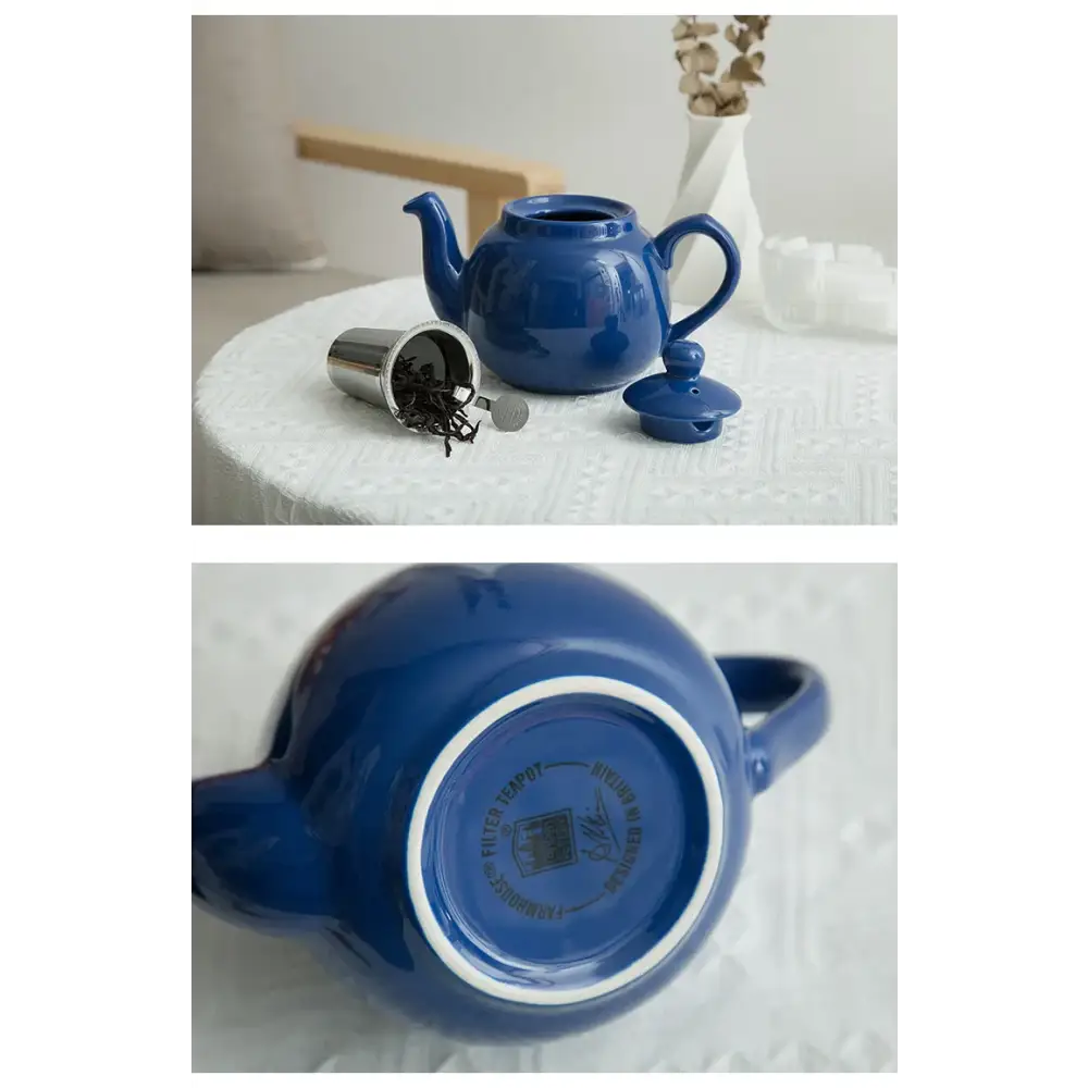 Blue ceramic teapot in kitchen setting
