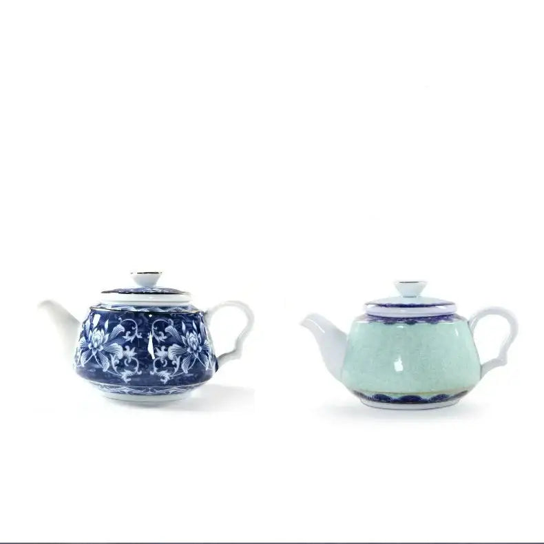Blue ceramic teapot in cozy kitchen setting