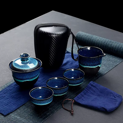 200ml blue enameled teapot and gaiwan, full set view, deep blue glaze
