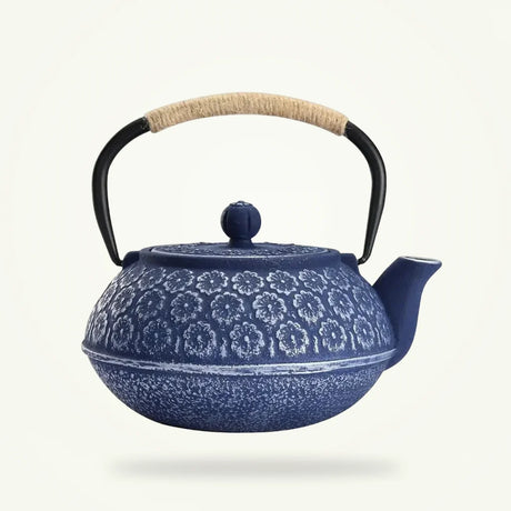 Blue Japanese Cast Iron Teapot with Floral Design, 34 oz