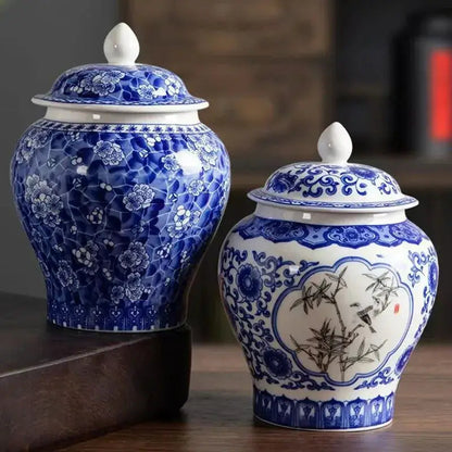 Blue porcelain tea canister with fitted lid, side view