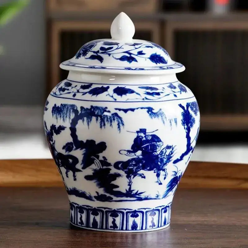 Blue and white porcelain tea canister on kitchen counter, open lid