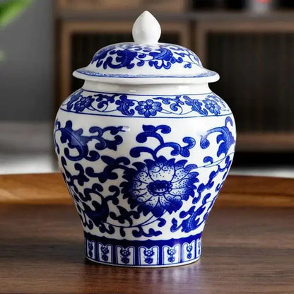 Blue porcelain tea canister bamboo design, full view