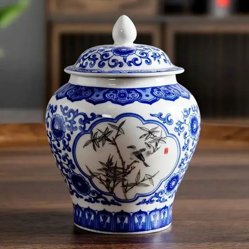 Blue porcelain tea canister crackle glaze design, full view