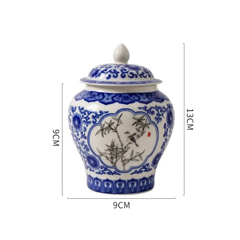 Blue porcelain tea canister horse design, full view