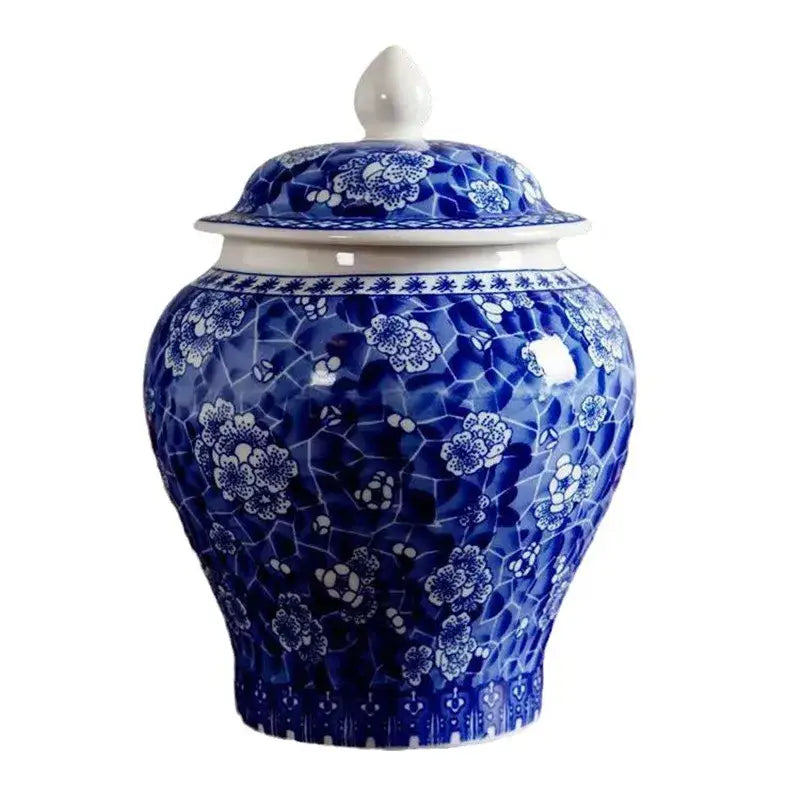 Blue porcelain tea canister flower design, full view