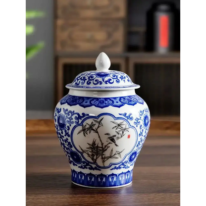 Bamboo design close-up on blue and white porcelain tea canister