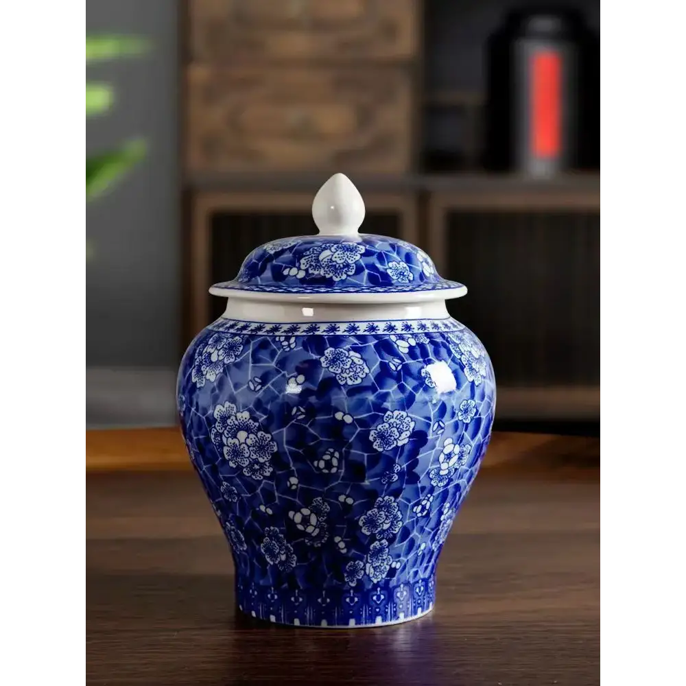 Crackle glaze detail on blue porcelain tea storage canister