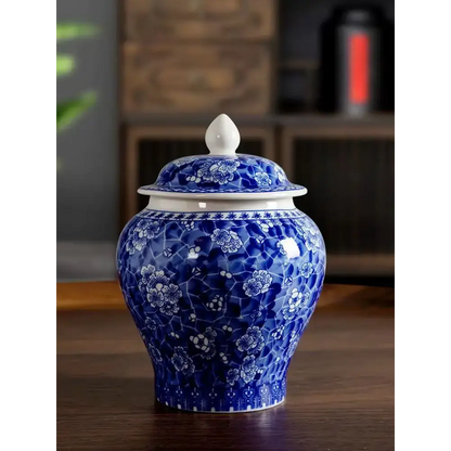 Crackle glaze detail on blue porcelain tea storage canister