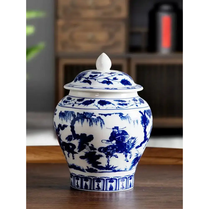 Horse motif detail on hand-painted blue porcelain tea canister