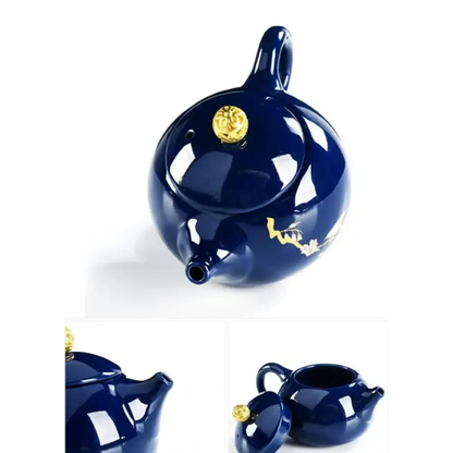 Blue porcelain teapot 220ml, side angle showing handle