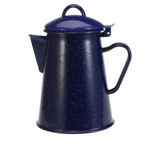Blue enameled ceramic kettle with white star pattern heating on gas stove