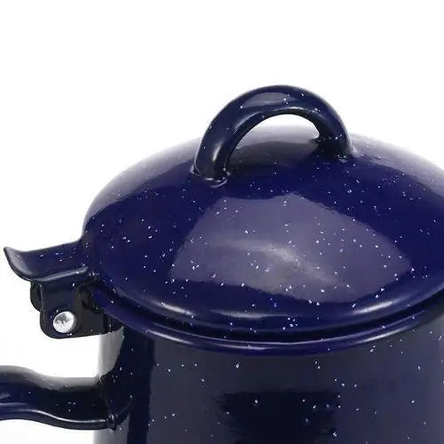 Close-up of blue star kettle spout and curved handle detail