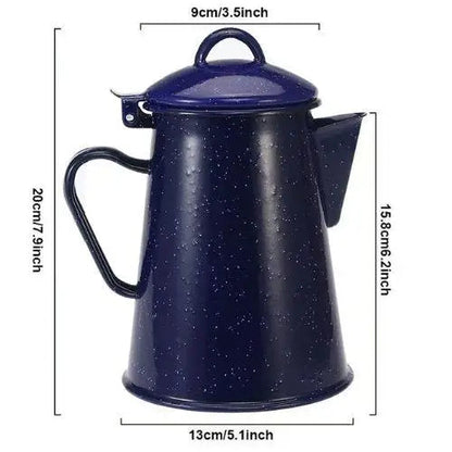 Blue enameled ceramic kettle with star pattern, side profile view