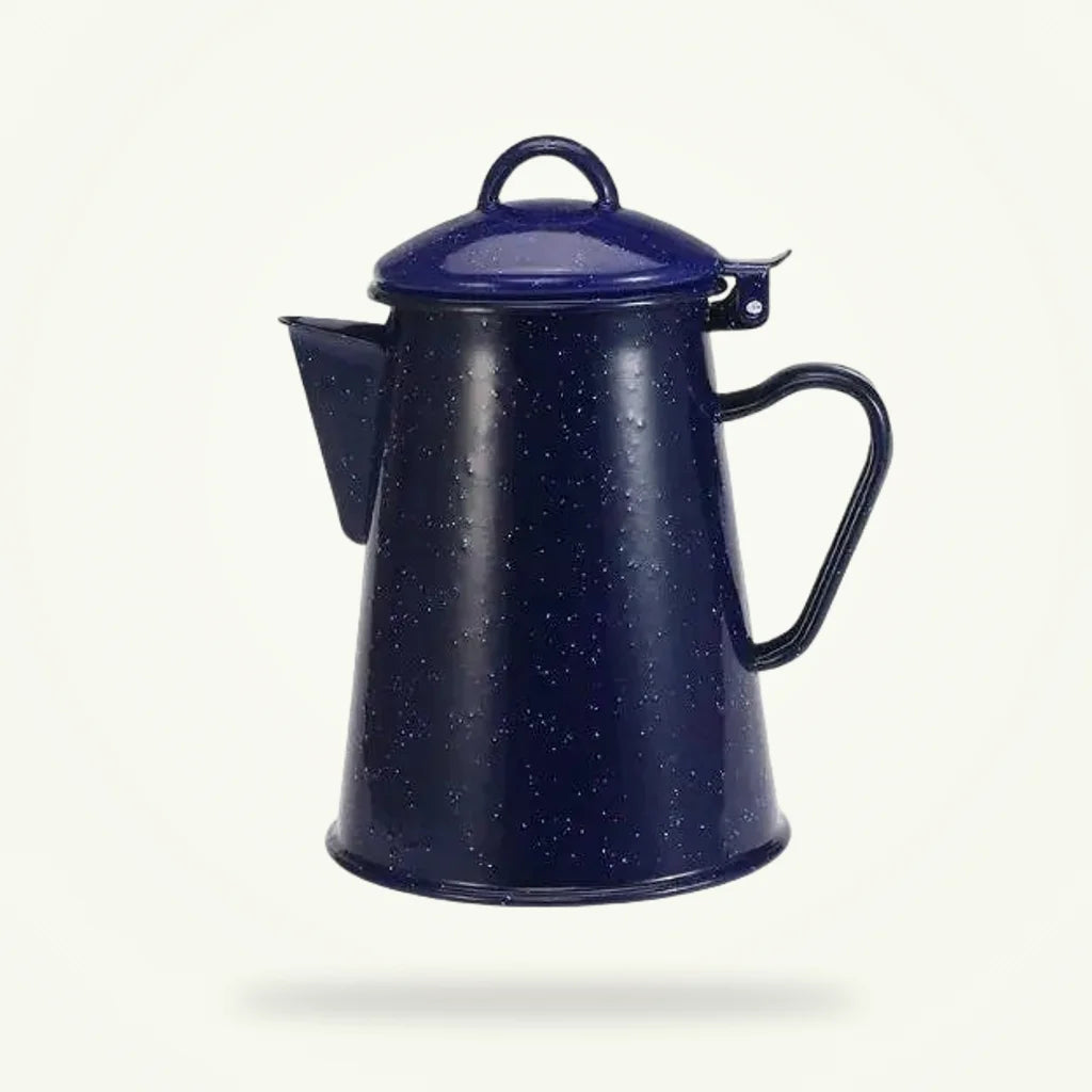 Blue star enameled ceramic tea kettle 1200ml on plain background, front view