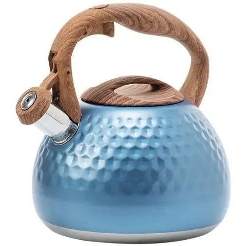 Blue vintage stovetop tea kettle with wooden handle on white background