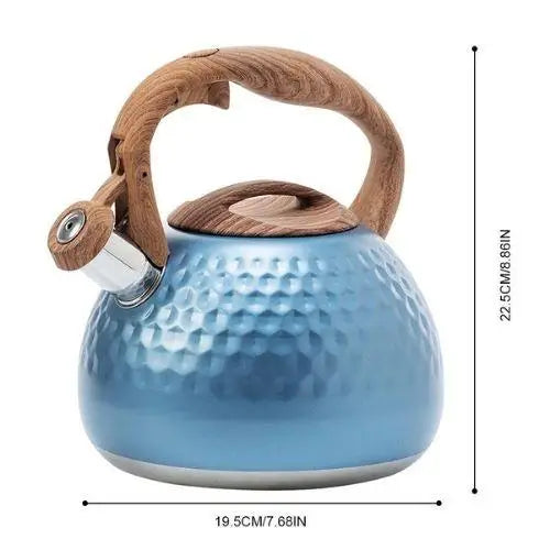 Blue whistling tea kettle side view showing 3-liter capacity and wood grip