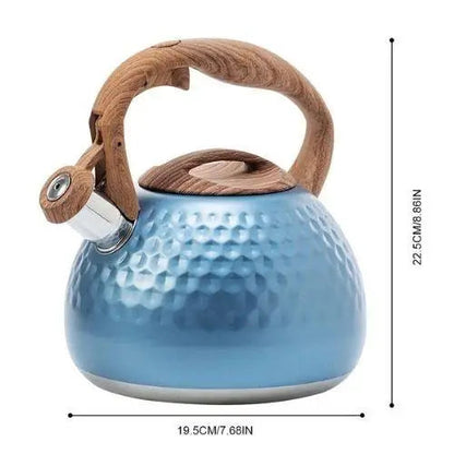 Blue whistling tea kettle side view showing 3-liter capacity and wood grip