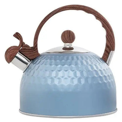 Blue enameled tea kettle with wooden handle