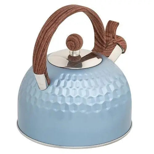 Back view of blue kettle with wood handle