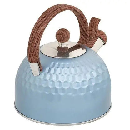 Back view of blue kettle with wood handle