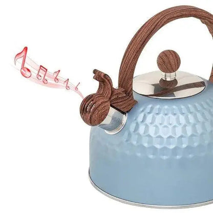Close-up of whistling spout on blue kettle