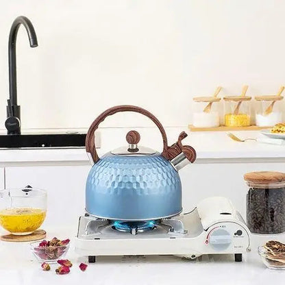 Blue kettle on gas stove with flame