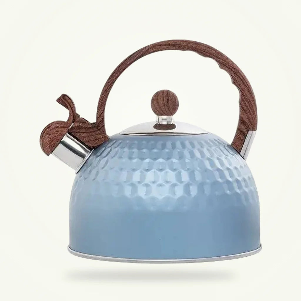 Blue Whistling Tea Kettle with Wood Handle, 2.5L, product photo on a plain background