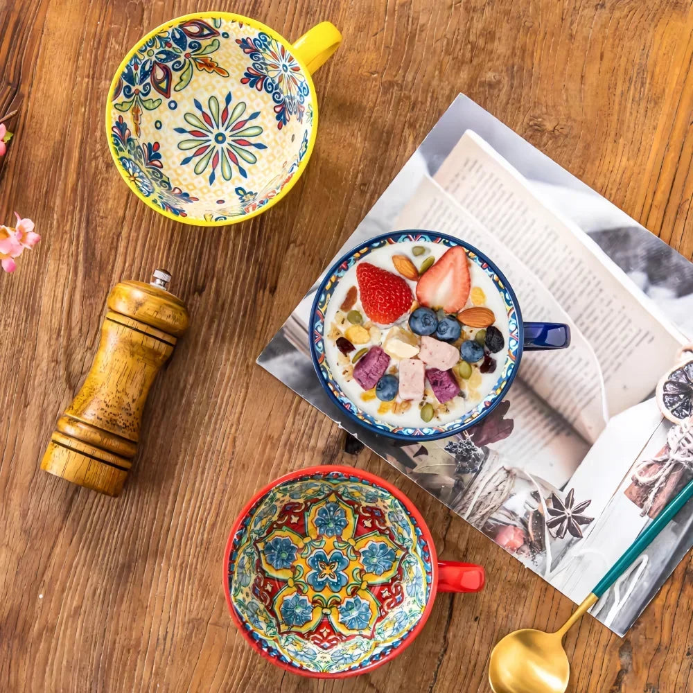 Hand-painted bohemian mug 13.5 oz side angle showing ceramic wall thickness
