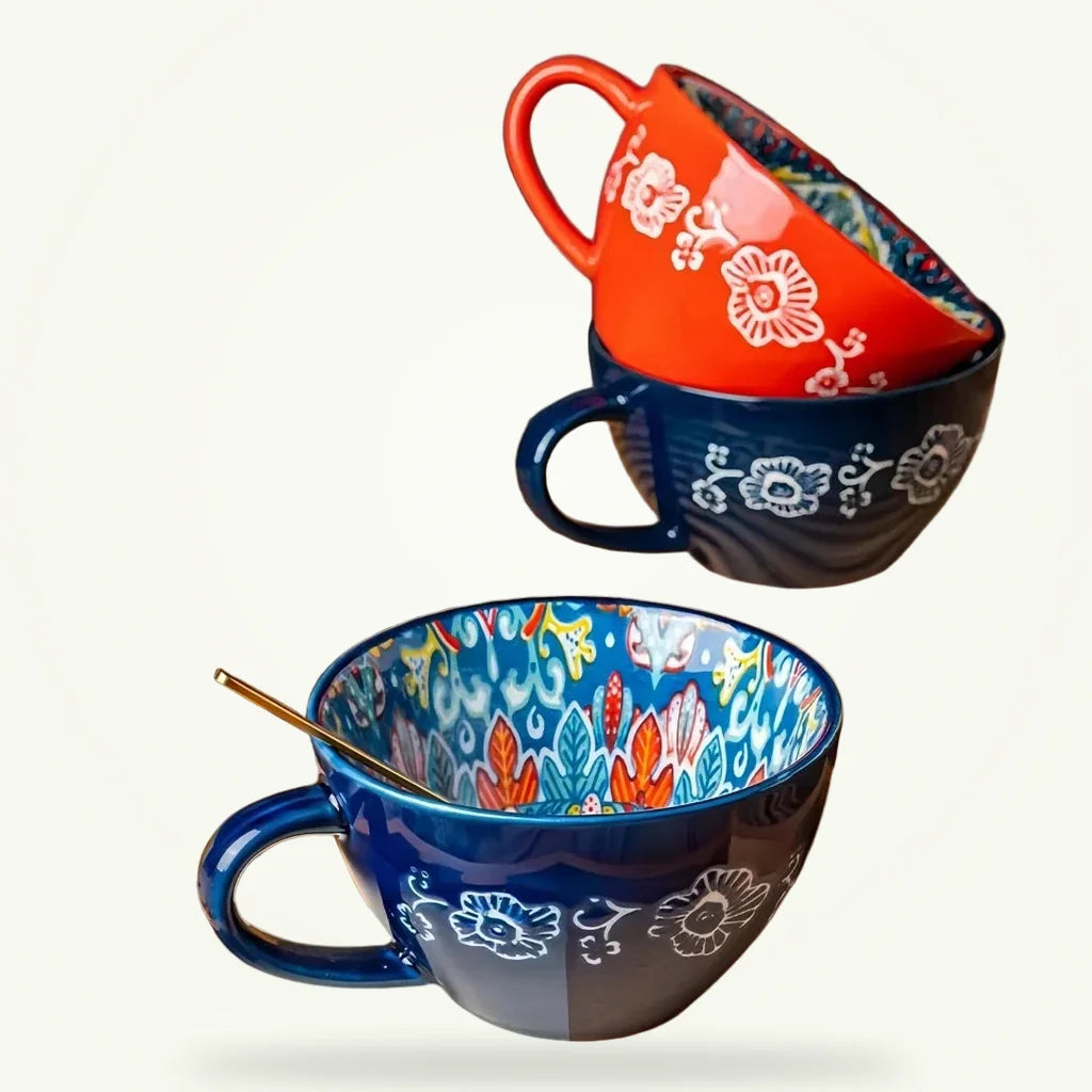 Bohemian ceramic mug 13.5 oz with hand-painted folk art pattern on plain background