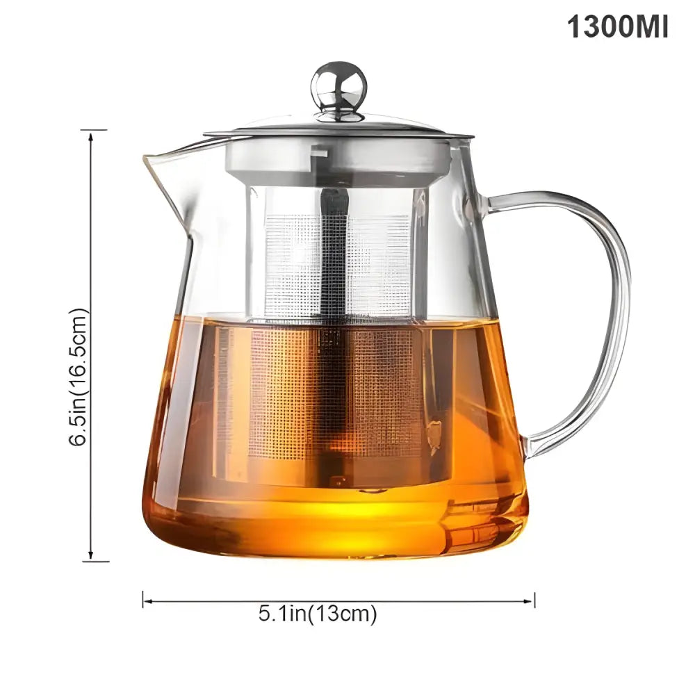 1300 ml borosilicate glass teapot filled with steeping herbal tea, amber color