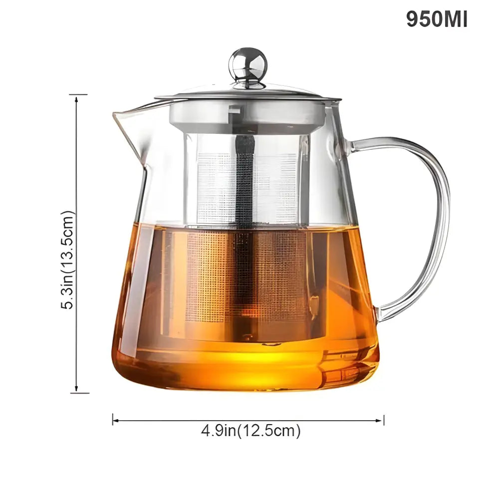 950 ml glass teapot with infuser showing brewed amber tea inside