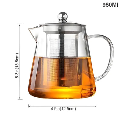 950 ml glass teapot with infuser showing brewed amber tea inside