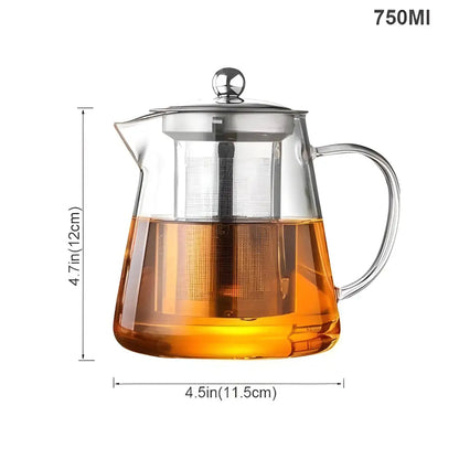 750 ml clear glass teapot with stainless steel infuser on wooden table
