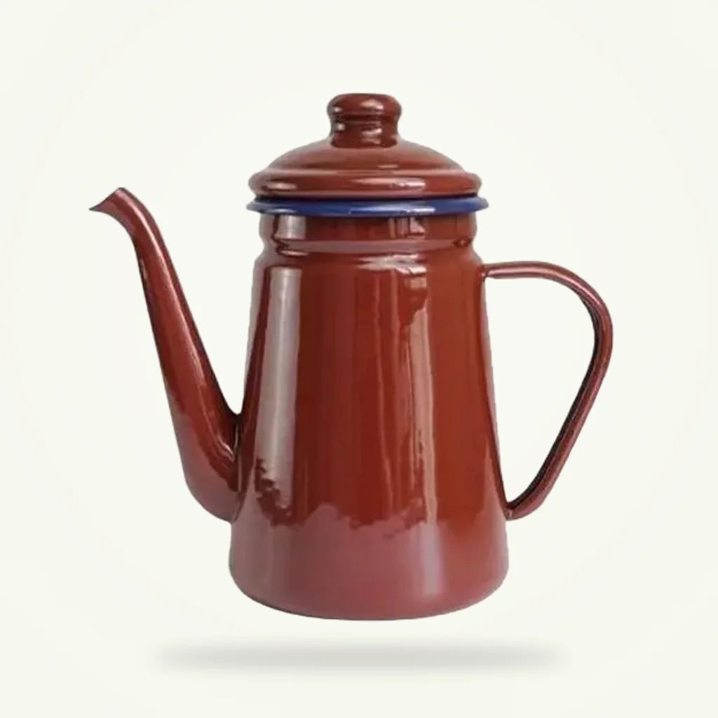 Brown Enameled Porcelain Teapot 1100 ml - Vintage Stovetop Kettle, product photo on a plain background