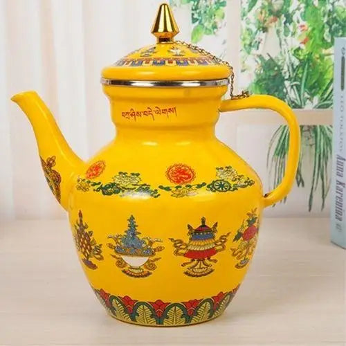 Vintage-style yellow enameled porcelain Buddhist kettle side view