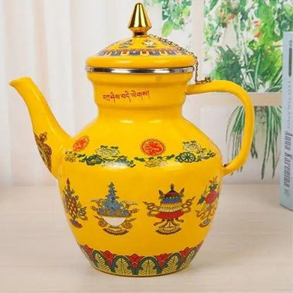 Vintage-style yellow enameled porcelain Buddhist kettle side view