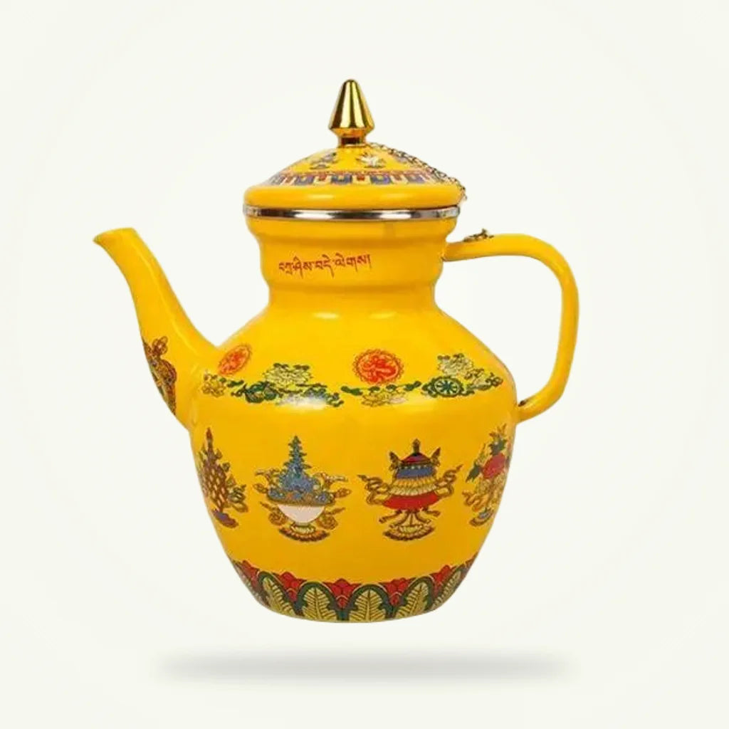 Enameled porcelain Buddhist tea kettle 110 oz on plain background, yellow enamel with Eight Auspicious Symbols