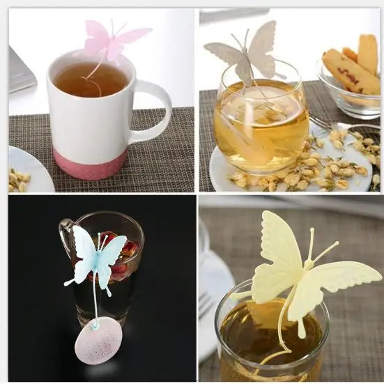 Butterfly tea infuser in violet resting on a mug