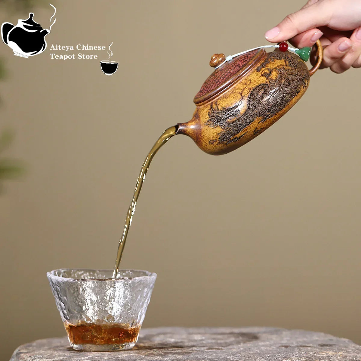 Carved Yixing Clay Teapot, 7 oz