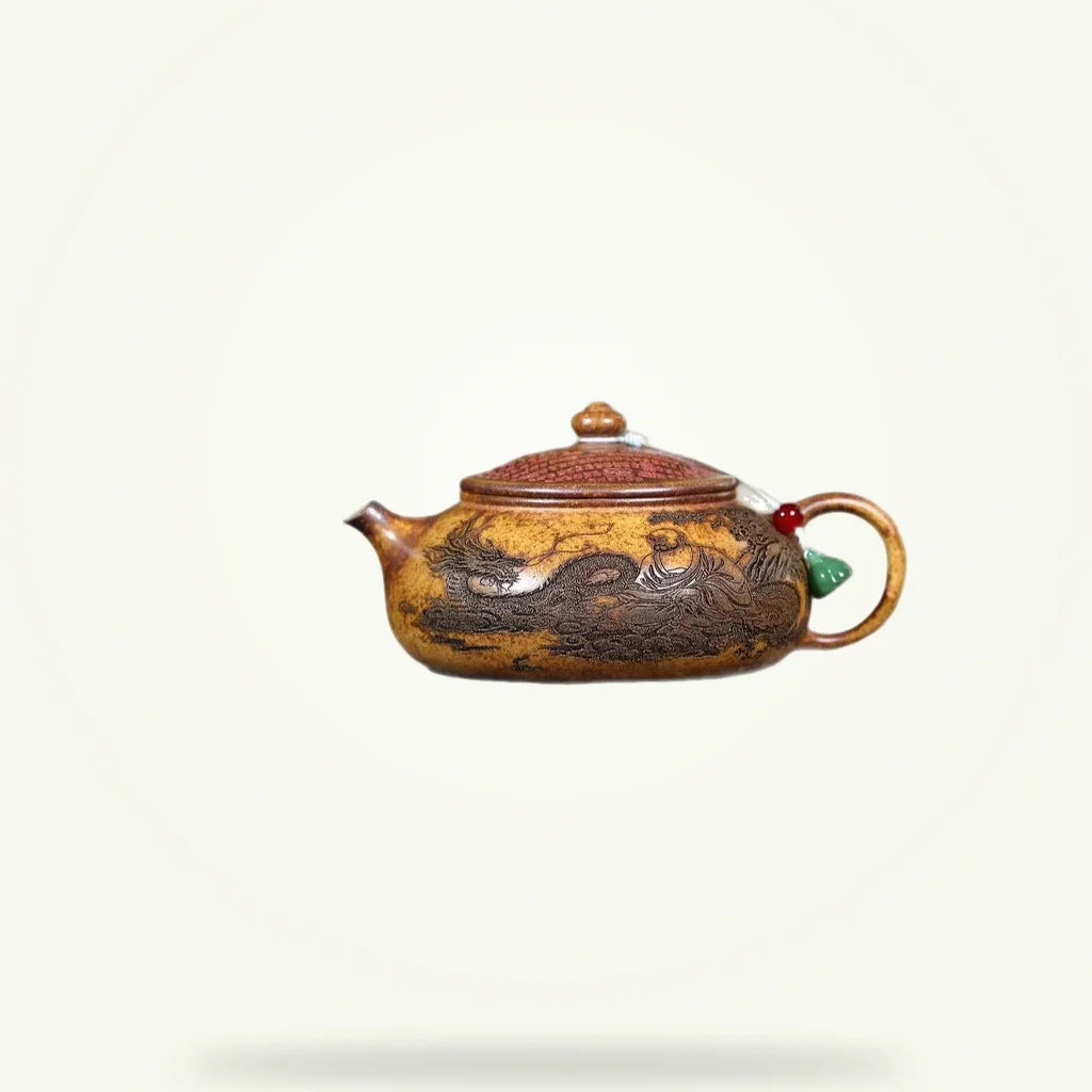 Carved Yixing Clay Teapot, 7 oz, product photo on a plain background