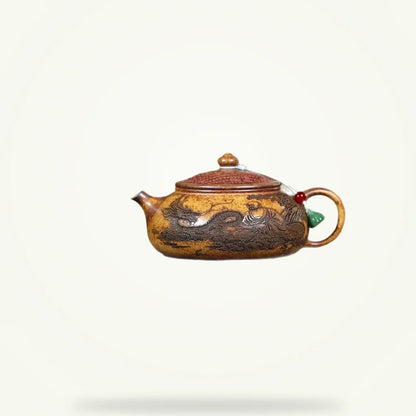 Carved Yixing Clay Teapot, 7 oz, product photo on a plain background