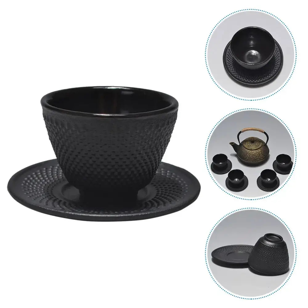 Cast iron tea cup and saucer set in matte black finish, front view