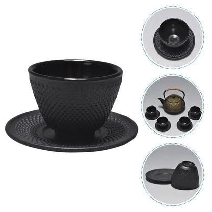 Cast iron tea cup and saucer set in matte black finish, front view