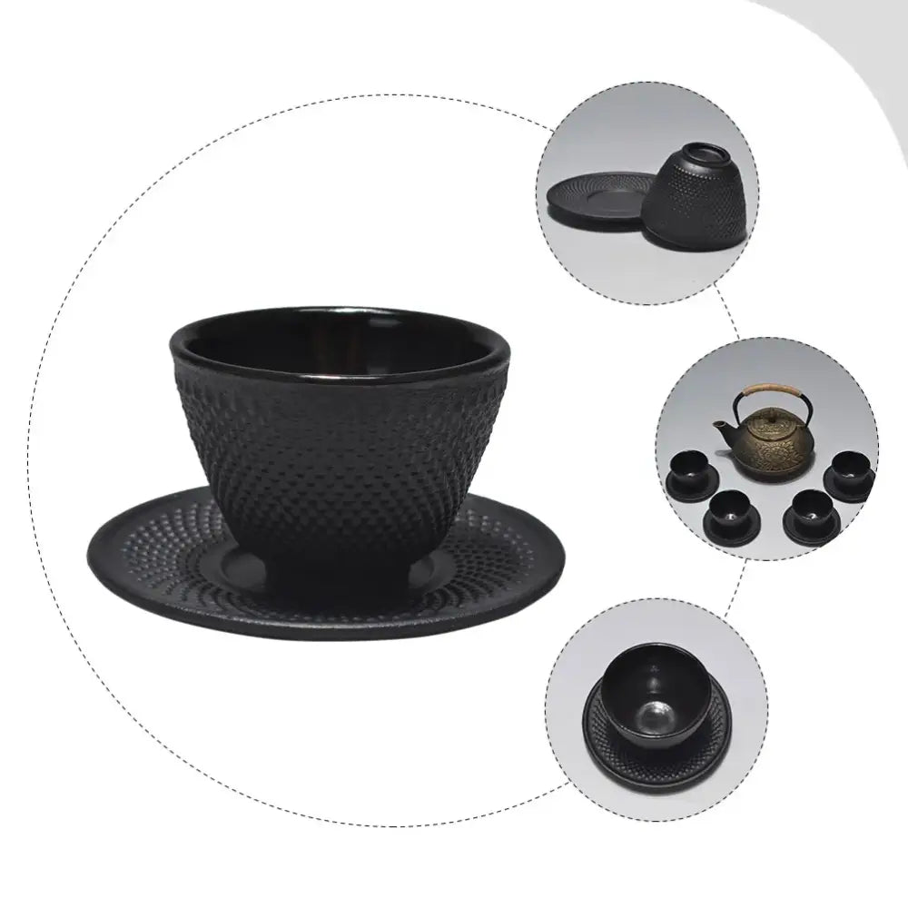 Japanese style cast iron tea cup set in black, vintage presentation