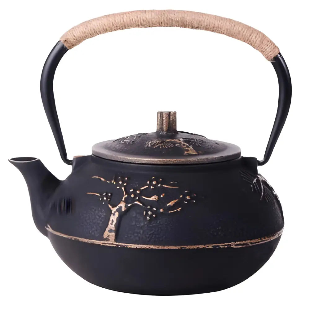 Black cast iron teapot 1 liter with gold tree engraving