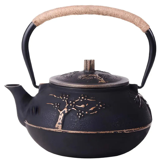 Black cast iron teapot 1 liter with gold tree engraving